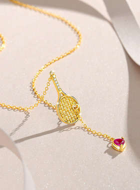 原创网球拍纯银925项链女小众设计轻奢款流苏锁骨链ins风爱心吊坠