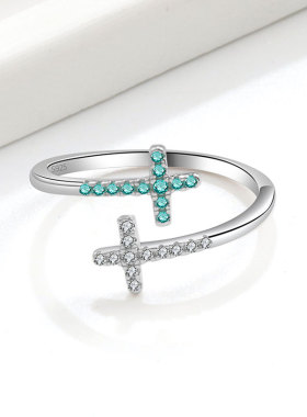 跨境热销新品s925纯银十字架开口锆石戒指女简约时尚欧美风食指环