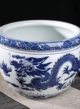 古典青花瓷鱼缸摆件景德镇大号养鱼盆荷花缸乌龟缸碗莲睡莲盆金鱼