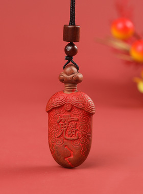 雷击木赵公明吊坠红色是纯朱砂描绘文财神符项坠毛衣链精雕男女款