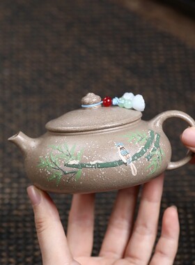 密文一件宜兴紫砂壶原矿白段泥匠心手绘竹间翠鸟精美茶壶茶具