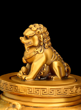 黄铜金狮四神兽阵摆件吉祥物家居客厅书房装饰四貔貅莲花底座罐