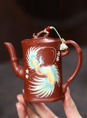一件宜兴紫砂壶原矿大红袍匠心手工制作竹凤呈祥精美功夫茶具