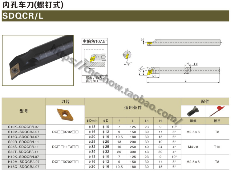 内孔车刀107.5度S14N/S16Q/S20R/S25S/S32T/S40T-SDQCR11/SDQCL11 - 图1