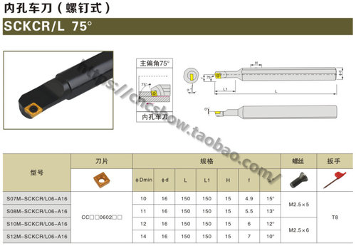 内孔车刀75度S07K/S08K/S10K/S12M-SCKCR06-A16/SCKCL06-A16-A12 - 图2