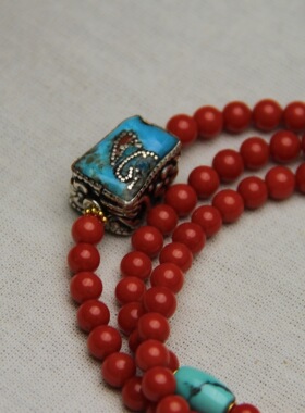 承李李原创设计 老银包镶松石有机红宝108颗佛珠 复古气质手串女