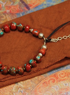 承李李原创设计 绿松石有机红宝纯银镶嵌珠宝玉石 复古气质手串女