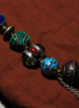 承李李原创设计 蜜蜡松石青金石玛瑙有机红宝石古珠 复古多宝项链