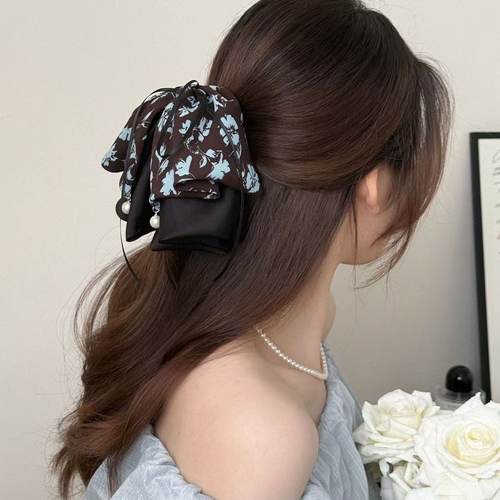 国风牵牛花印花立体蝴蝶结抓夹优雅百搭珍珠马尾发夹发饰头饰夹子 - 图1