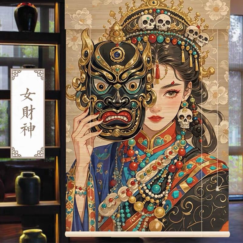 茶室背景虔诚少女挂画茶室背景竹帘卷帘印花装饰民宿挂画定制窗帘,淘宝优惠券,粉丝福利购,淘宝优惠卷