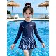Counter high-end girls' suit swimsuit summer 2026 new long-sleeved round neck letter top skirt plaid kids