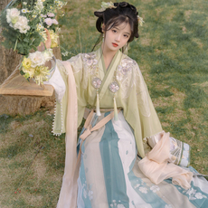 Китайцы одежда наборы 远山乔【鹑首·乐灵】汉服女春晋制二重衣一片式褶裙蓝星花刺绣