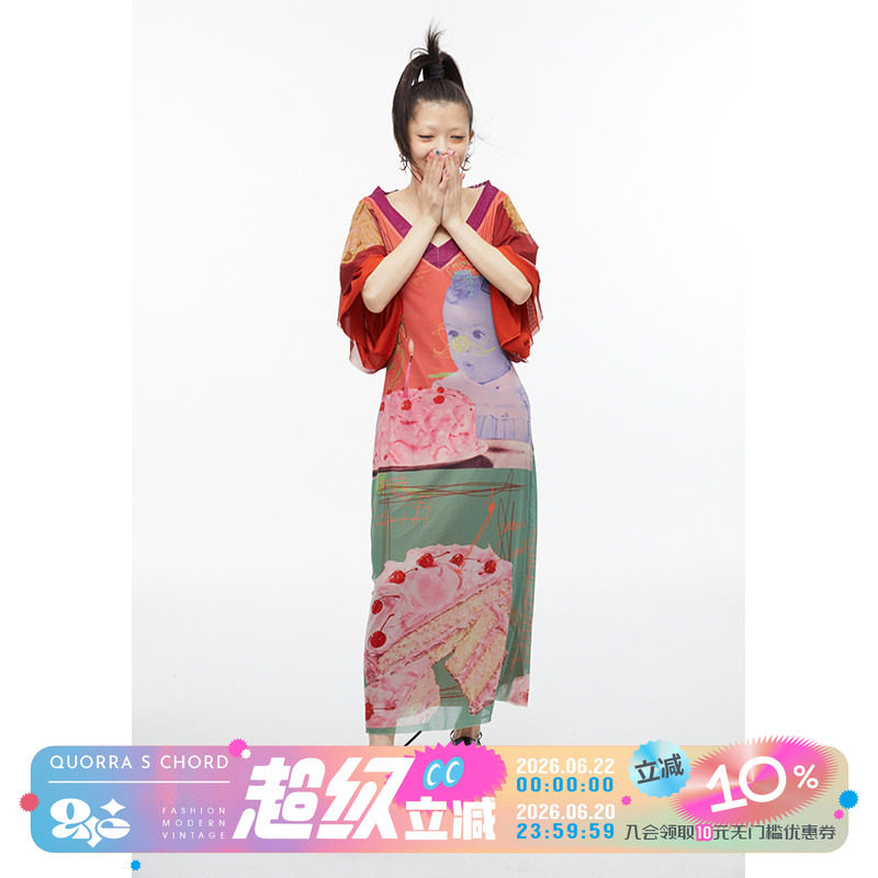 QUORRA S CHORD原创设计庆生蛋糕和服印花连衣裙辣妹气质显瘦长裙