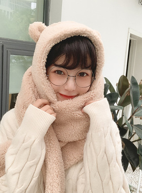 韩版小熊耳朵甜美可爱学生帽子围脖一体女冬毛绒手套围巾三件套