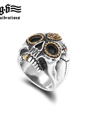 骷髅头纯银复古红宝石镶嵌戒指