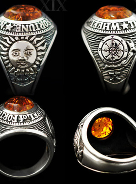 天然琥珀纯银复古男士戒子