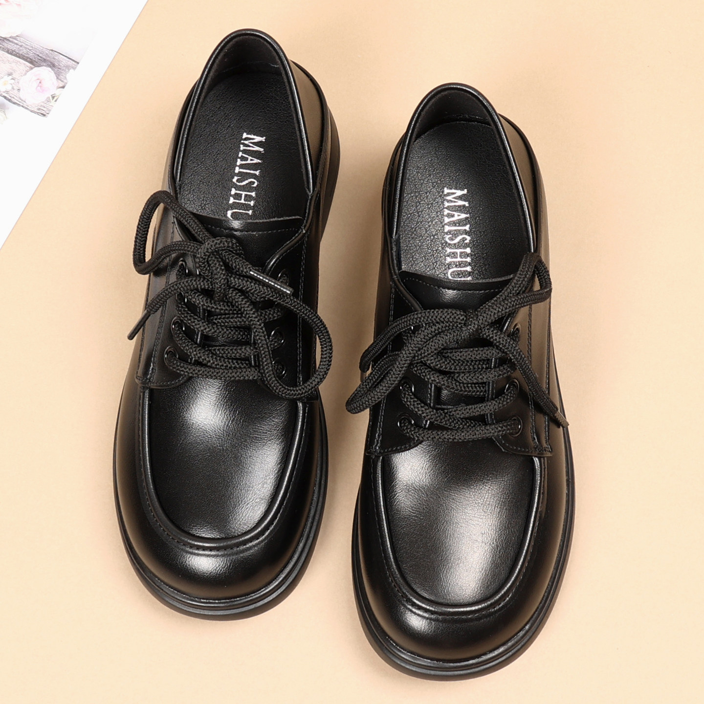 秋冬圆头黑色小皮鞋女款系带深口单鞋软底工作鞋一脚蹬英伦乐福鞋,淘宝优惠券,粉丝福利购,淘宝优惠卷