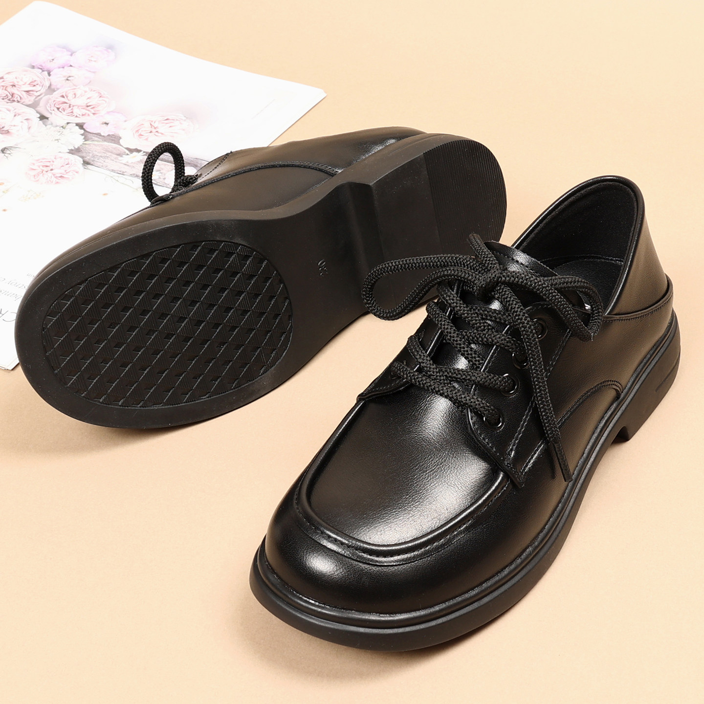 秋冬圆头黑色小皮鞋女款系带深口单鞋软底工作鞋一脚蹬英伦乐福鞋,淘宝优惠券,粉丝福利购,淘宝优惠卷
