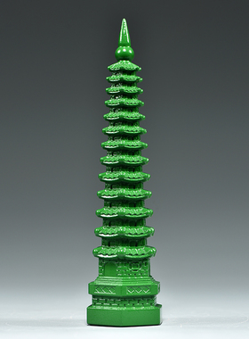 绿色木质雕刻13层文昌塔摆件