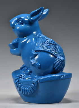 蓝色实木兔子摆件木质雕刻十二生肖木头小兔吉祥物装饰木制工艺品