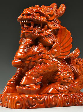 花梨木雕麒麟摆件一对木制家用办公室客厅卧室装饰工艺品开业送礼