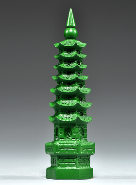 绿色桃木质雕刻7层文昌塔摆件