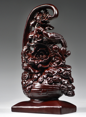 黑檀木雕一篮富贵摆件