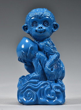 蓝色木雕猴子摆件三合十二生肖猴木头猴家居补角吉祥物装饰工艺品