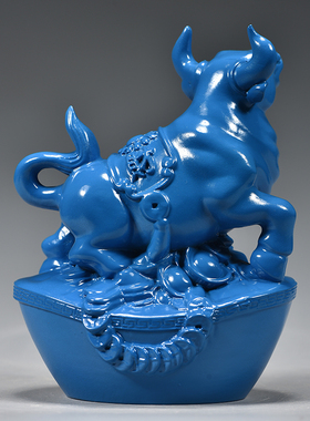 蓝色木雕牛摆件十二生肖动物牛实木家居客厅电视柜装饰红木工艺品