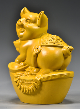 黄色实木质雕刻猪摆件十二生肖木头猪家居客厅补角装饰红木工艺品