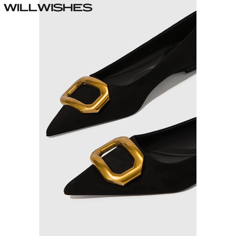 WILLWISHES 王玎设计通勤风女鞋2025新款尖头单鞋女方扣平底鞋女 - 图1