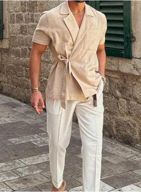 翻领系带短袖衬衣大码宽松衬衫男