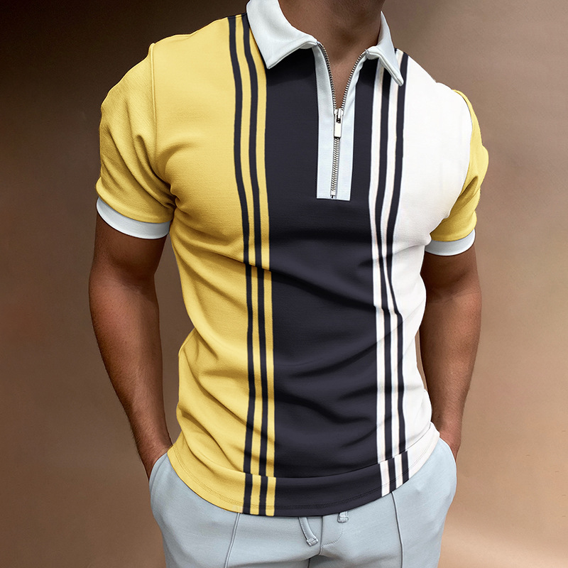 POLO Lapel Short Sleeve T-Shirt男POLO翻领休闲短袖拉链T恤上衣 - 图1