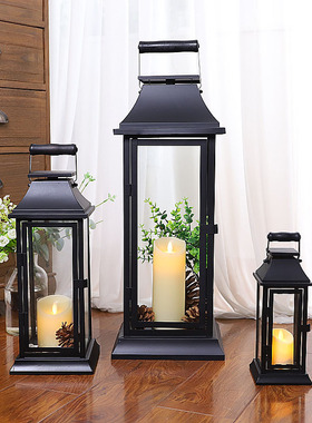 简约中式复古手提防风蜡烛台 铁艺玻璃户外庭院落地风灯烛台摆件