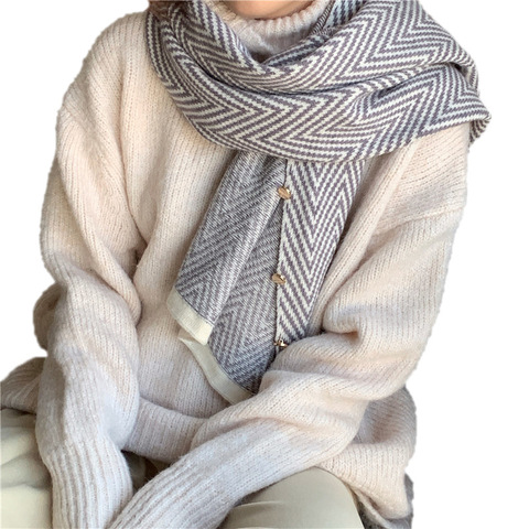 韩版新款纽扣扣子条纹围巾披肩两用秋冬季加厚保暖仿羊绒女士围巾