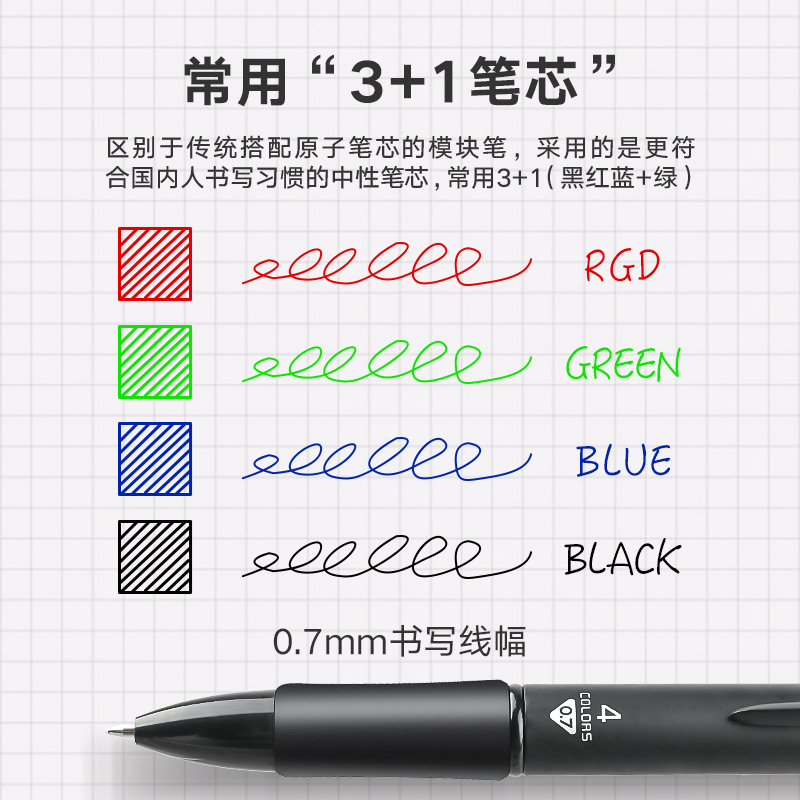 得力多色圆珠笔小学生专用0.7正品按压式彩色多功能笔多色合一中性笔蓝黑红绿4色标记笔记号笔油笔按动笔批发 - 图0