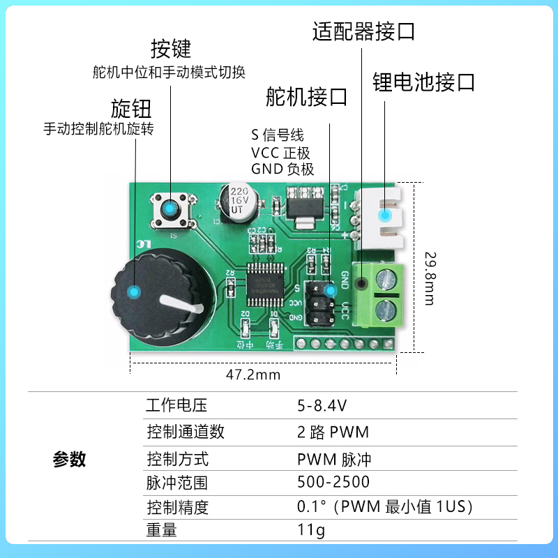 简易舵机测试仪舵机控制模块驱动器 双路舵机串口控制板一键复位 - 图0