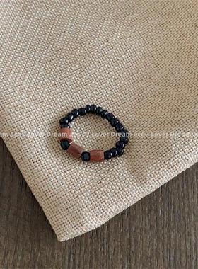 新中式国潮竹节木头米珠串珠戒指 气质百搭均码弹力戒圈时尚爆款