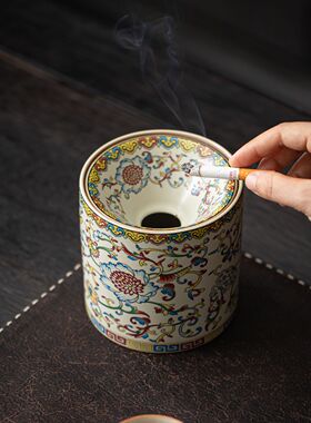 汝窑青花缠枝莲漏斗式烟灰缸带盖防飞灰家用客厅创意个性烟缸