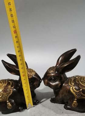 古玩铜器收藏紫铜鎏金福兔一对,做工精致,包浆完美家居装饰创意