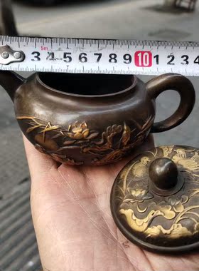 古玩铜器收藏纯铜点金荷花鸳鸯戏水酒壶茶壶包浆老道家居茶道摆件