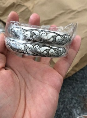 古玩民族风苗银雕花开口福寿手环