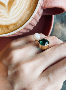 复古绿宝石珍珠开口戒指