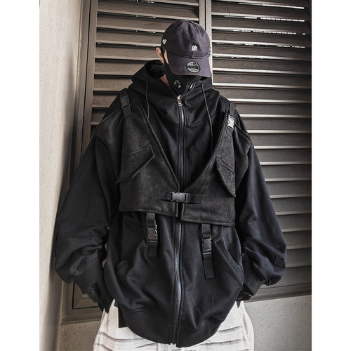 UUCSCC美式复古工装vintage重磅帽衫嘻哈高街机能连帽卫衣外套男 - 图0