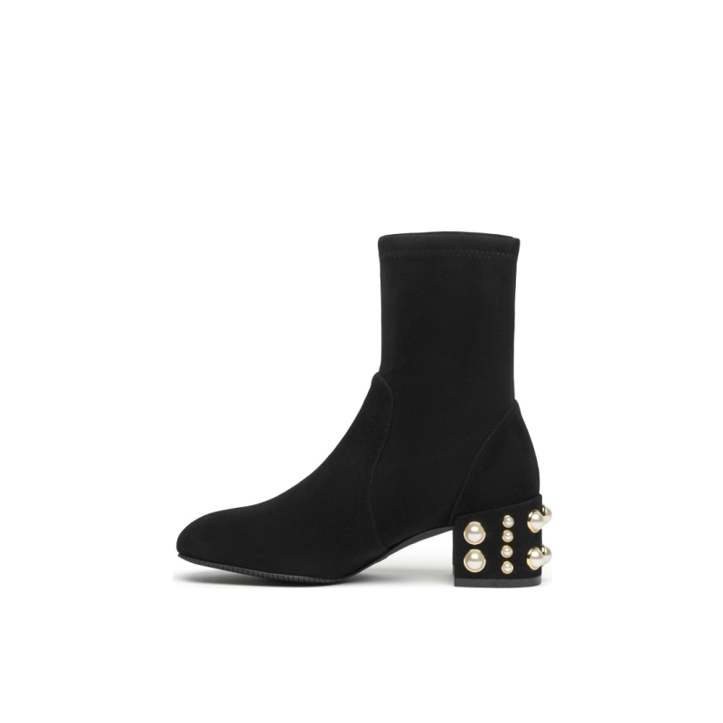 Stuart Weitzman/SW ODETTA PEARL 秋冬珍珠粗跟短靴女圆头瘦瘦靴 - 图1