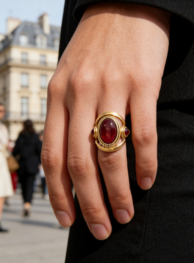 Vintage复古红色树脂椭圆y戒指女 指环新品百搭简约ins风气质夸张