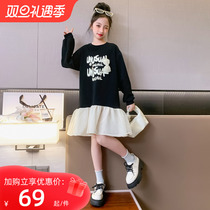 Girl Autumn Dress Dress Dress 2023 New Ocean Qi Children Splicing Long Sleeve Sweater Dress Korean Version Fall Girl Skirt