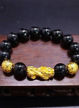 爆款金色貔貅手链男女仿3D硬金99黑曜石招财佛珠手链现货天然手链