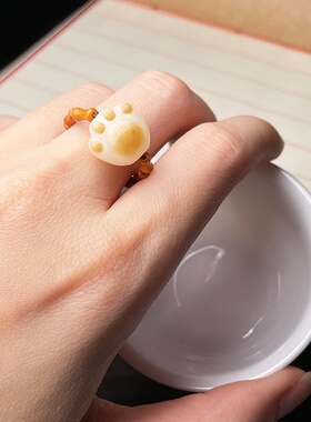 橄榄核竹节情侣对戒玛瑙绿玉髓菩提猫咪星空饰品弹力戒指中国风