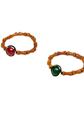 橄榄核竹节玛瑙绿玉髓戒指情侣对戒饰品弹力戒指中国风节节高升款